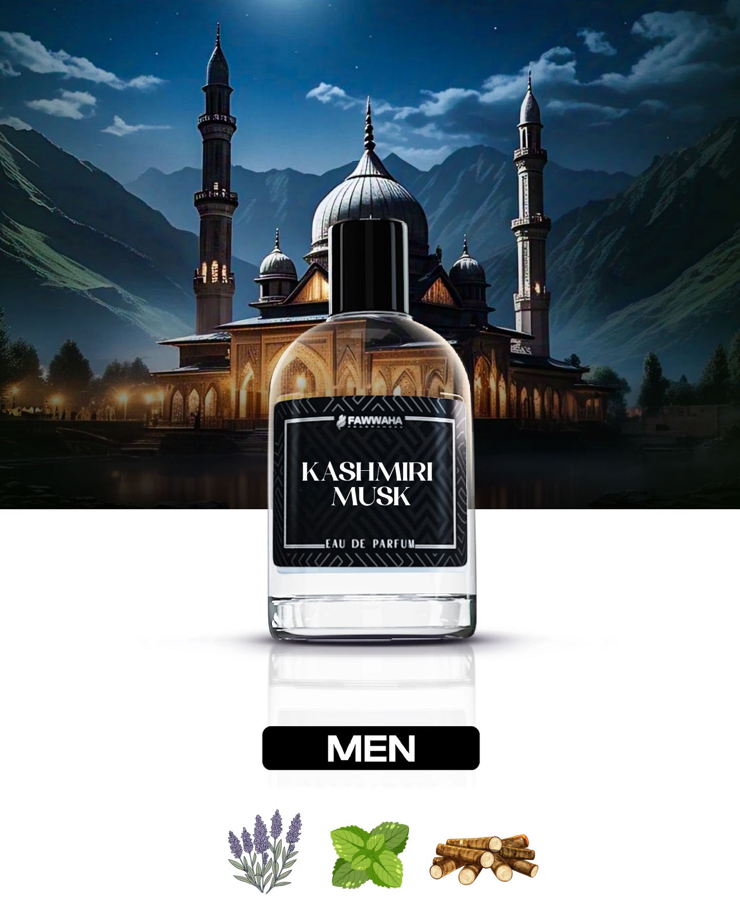 Kashmiri Musk perfume – A fresh, sophisticated scent with smooth white musk, subtle floral notes, and gentle woody accents, perfect for daily wear