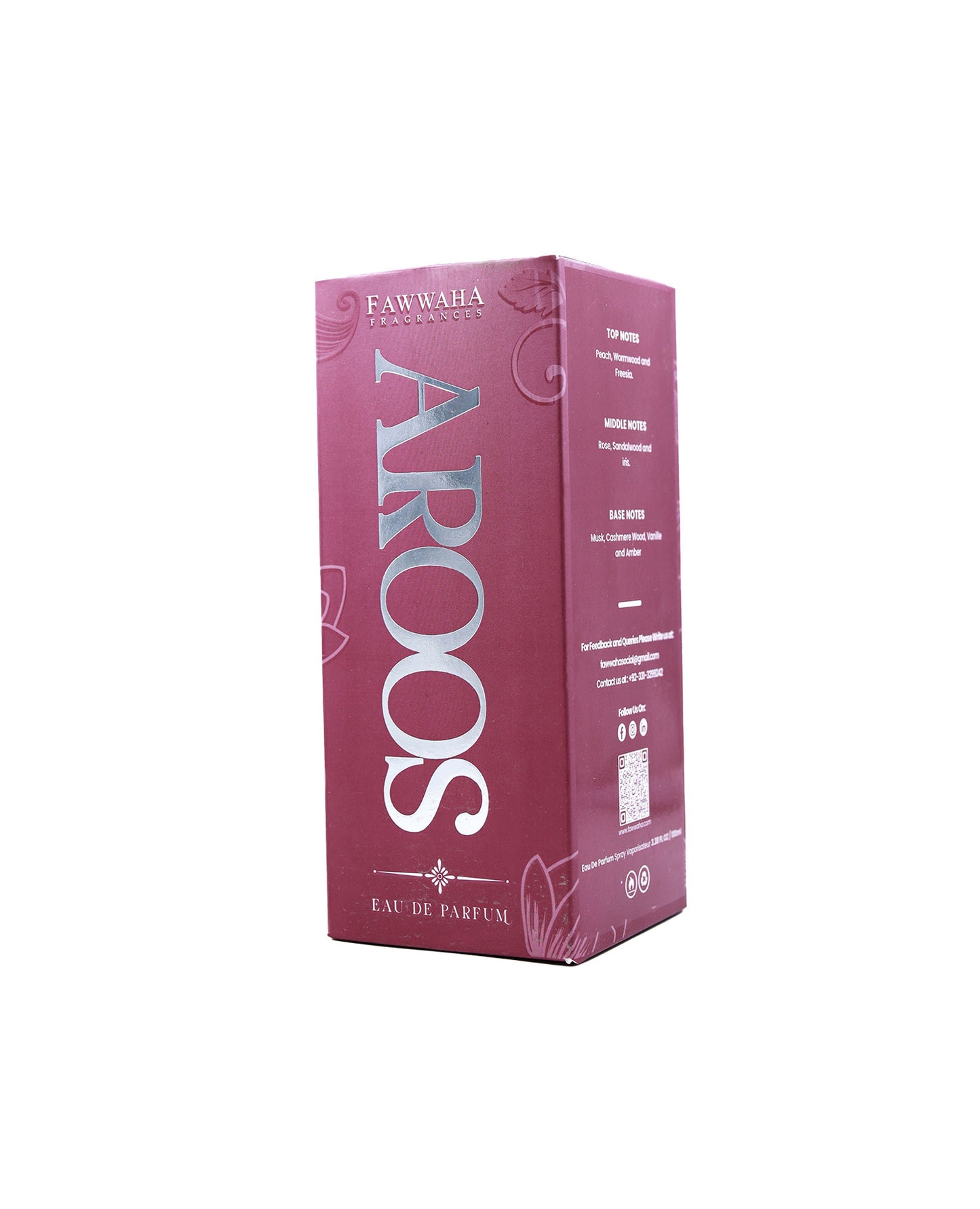 AROOS by Fawwaha – An alcohol-free, long-lasting fragrance for women inspired by Burberry Body, featuring top notes of peach, wormwood, and freesia; a floral heart of rose, sandalwood, and iris; and a luxurious base of musk, cashmere wood, vanilla, and amber