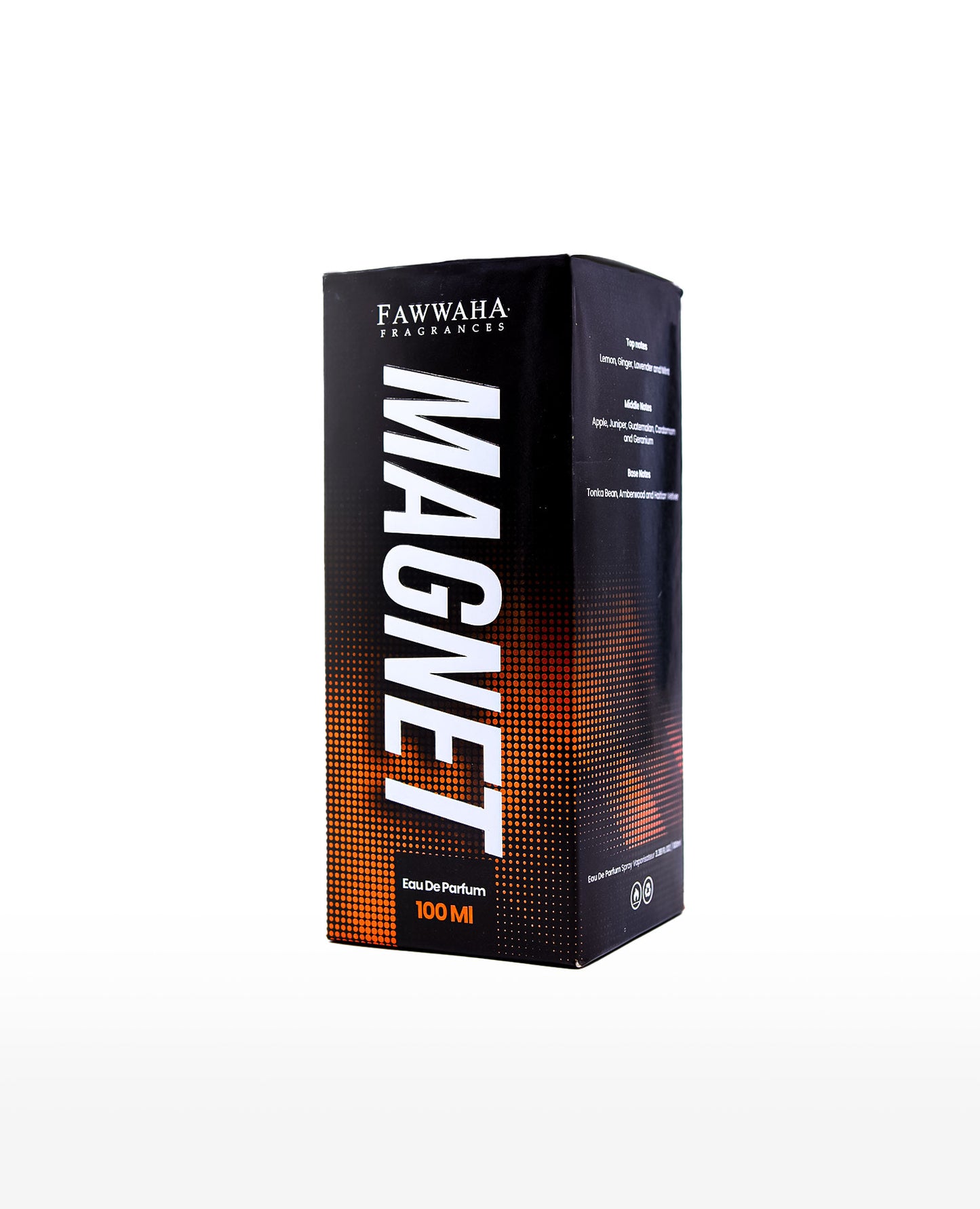 Magnet by Fawwaha – A bold, spicy, and aromatic men's fragrance inspired by Wild Run, featuring zesty top notes of lemon, ginger, lavender, and mint; a spicy, fruity heart of apple, juniper, cardamom, and geranium; and a warm woody base of tonka bean, amberwood, and Haitian vetiver