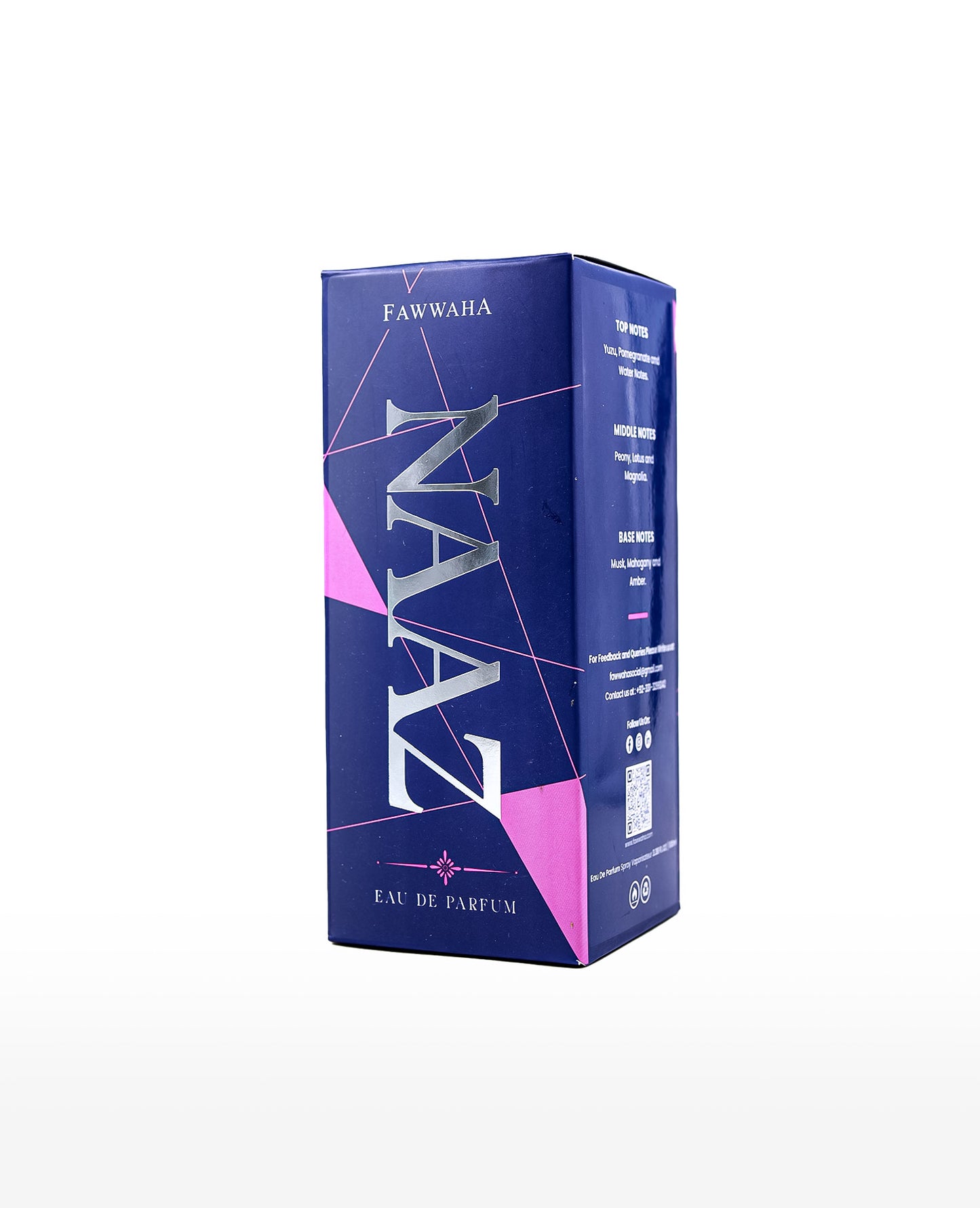 NAAZ by Fawwaha – A light, floral, and fruity fragrance for women inspired by Crystal Versace, featuring refreshing top notes of yuzu, pomegranate, and water, a soft floral heart of peony, lotus, and magnolia, and a warm woody base of musk, mahogany, and amber