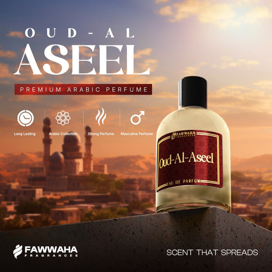 Oud-al-Aseel – A long-lasting, masculine Arabic fragrance for men featuring fresh vanilla and floral top notes, warm spicy and green heart notes, and a rich, aromatic woody, leather, and powdery base, perfect for winter nights